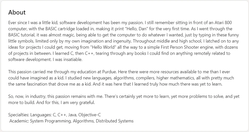 LinkedIn summary example of Software Engineer